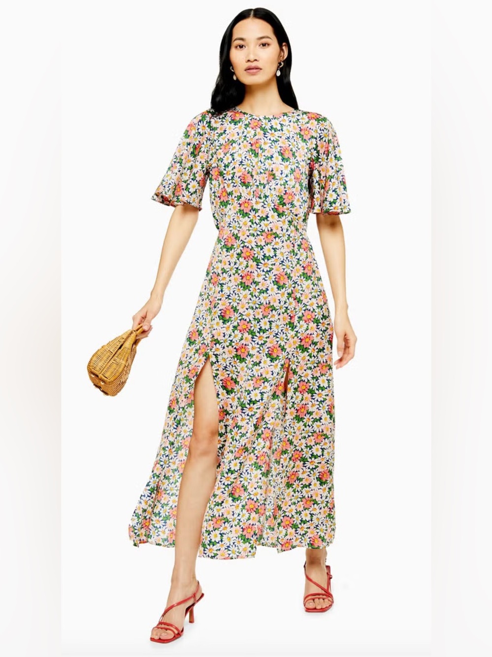 Topshop Austin floral print angel sleeve midi dress